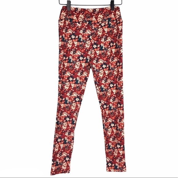 LULAROE Leggings OS One Size Floral Flowers Retro Burgundy Teal White Orange - Picture 9 of 9